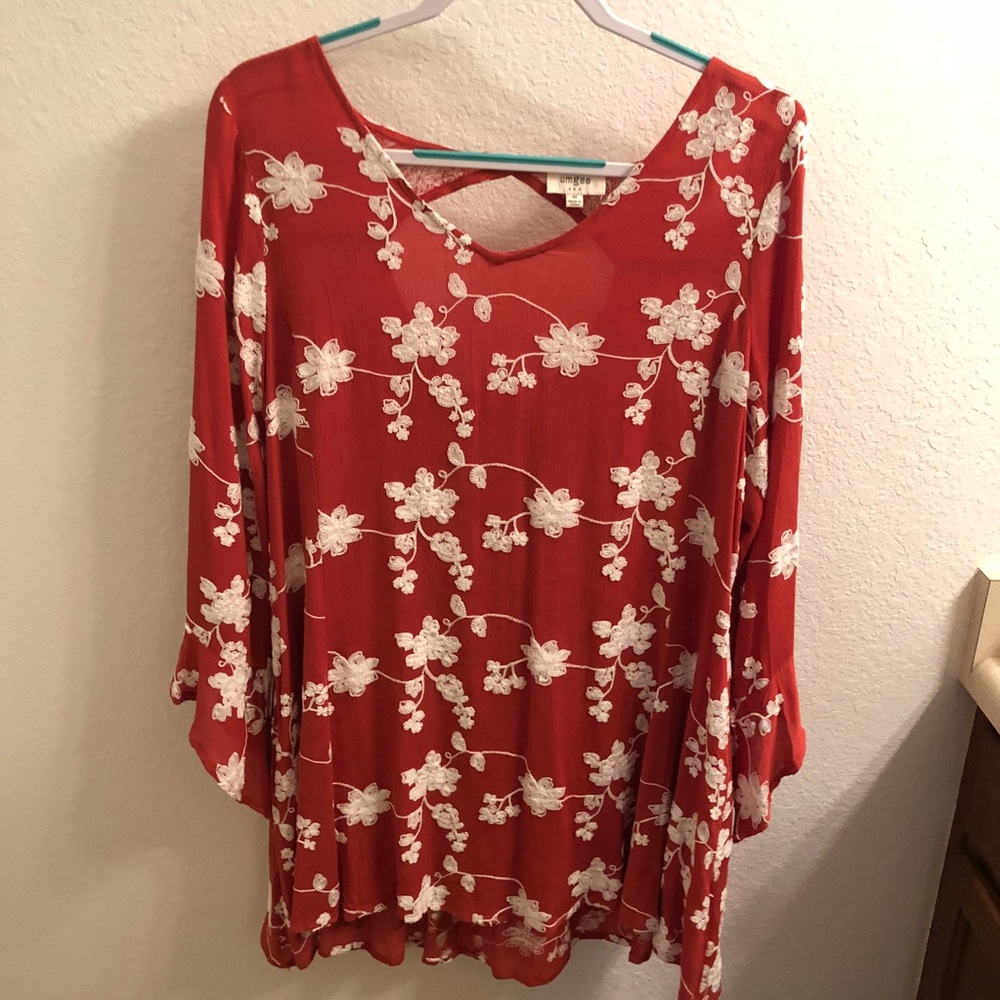 Rust embroidered long sleeve dress with POCKETS!